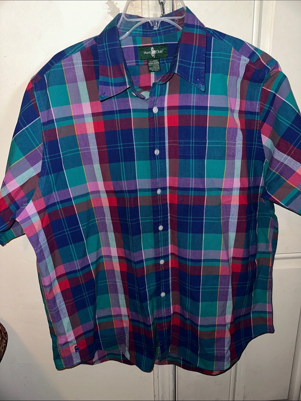 Hunt Club Blue, Green & Pink Plaid Short-Sleeve Button-Up Shirt P2P 27 x L 28